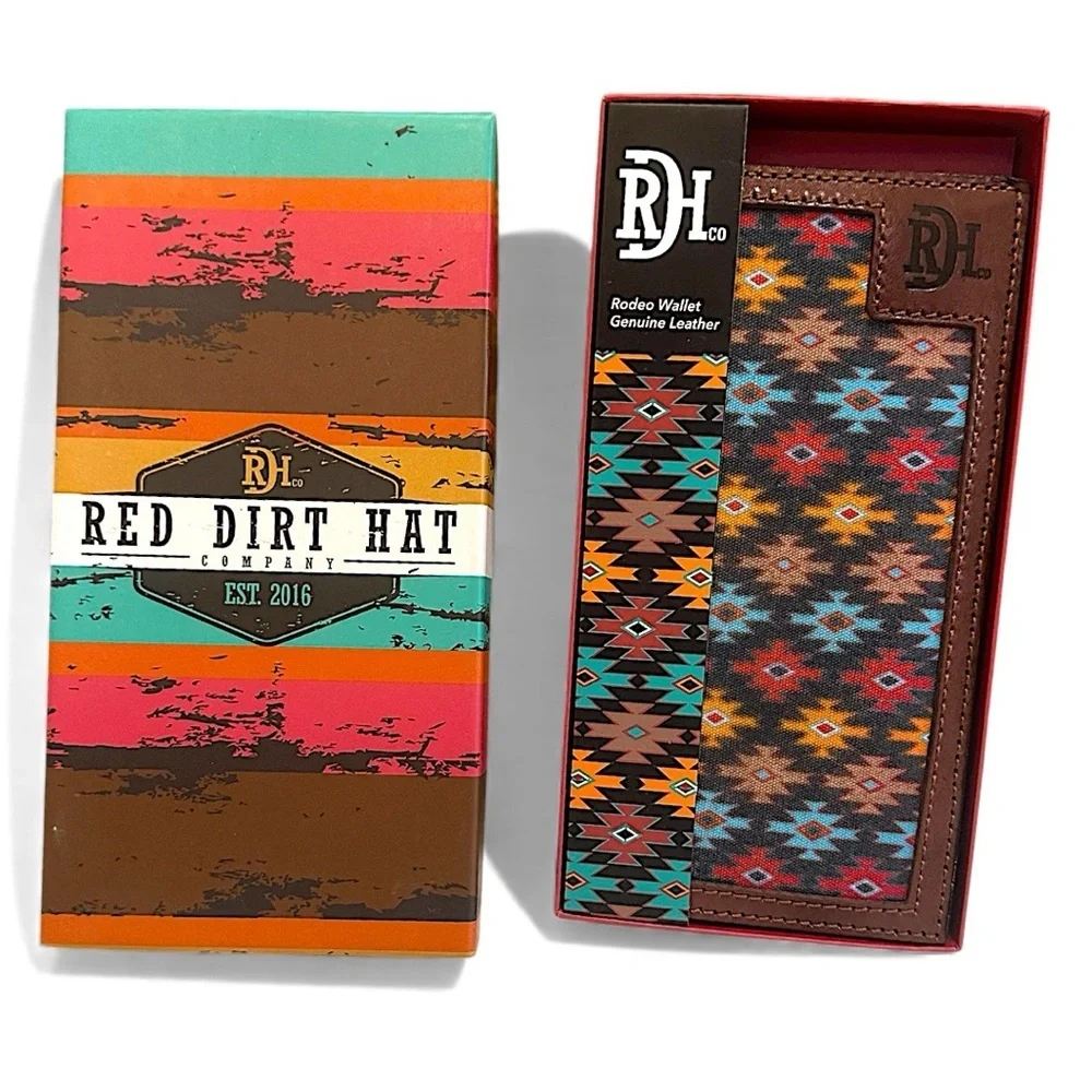 Red Dirt Hat Co Mens Rodeo Southwest Canvas Inlay Wallet Genuine Leather New